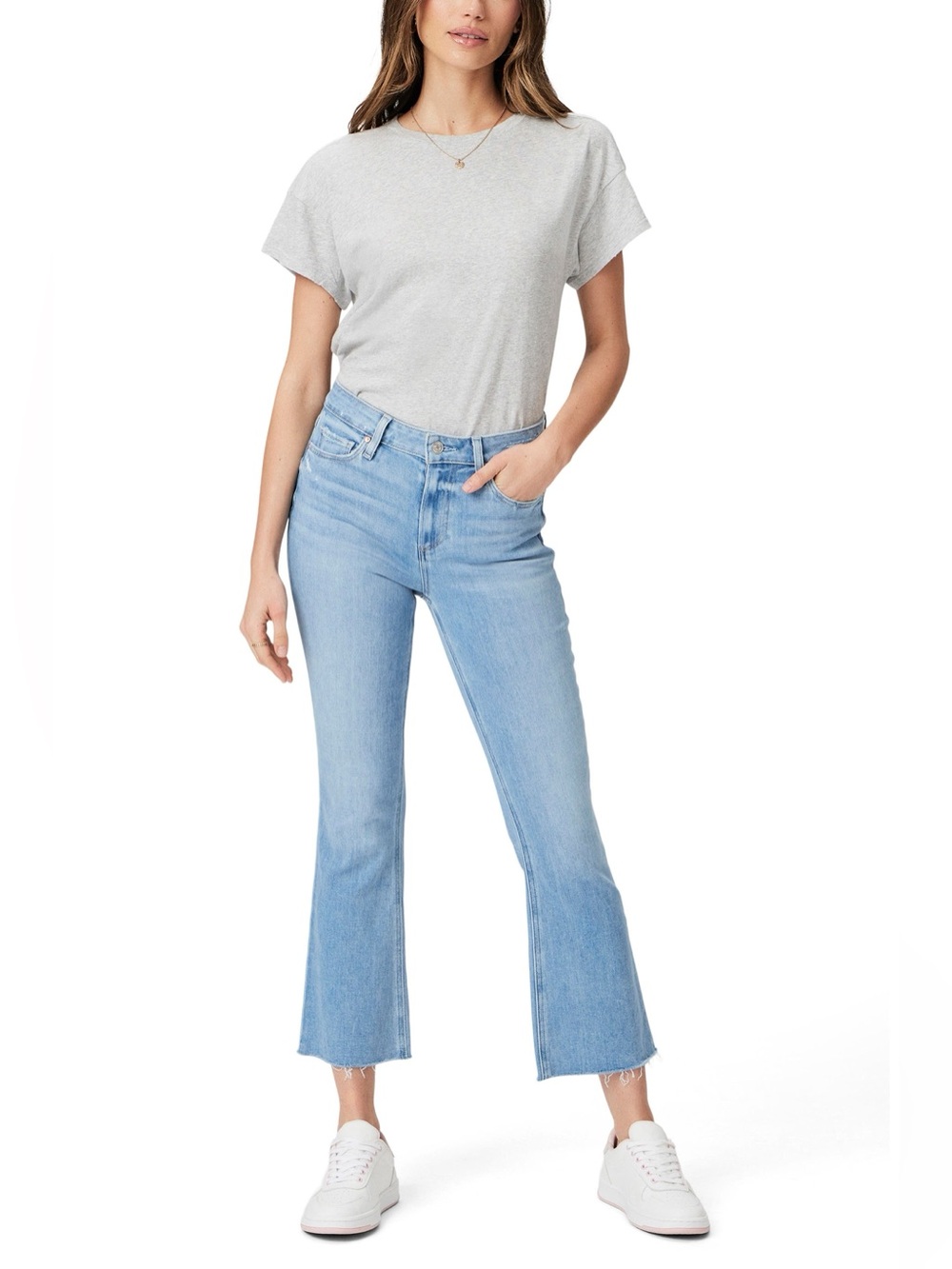 Like New! Paige Colette Raw Hem Crop Flare Jeans Light Blue Wash Size 31